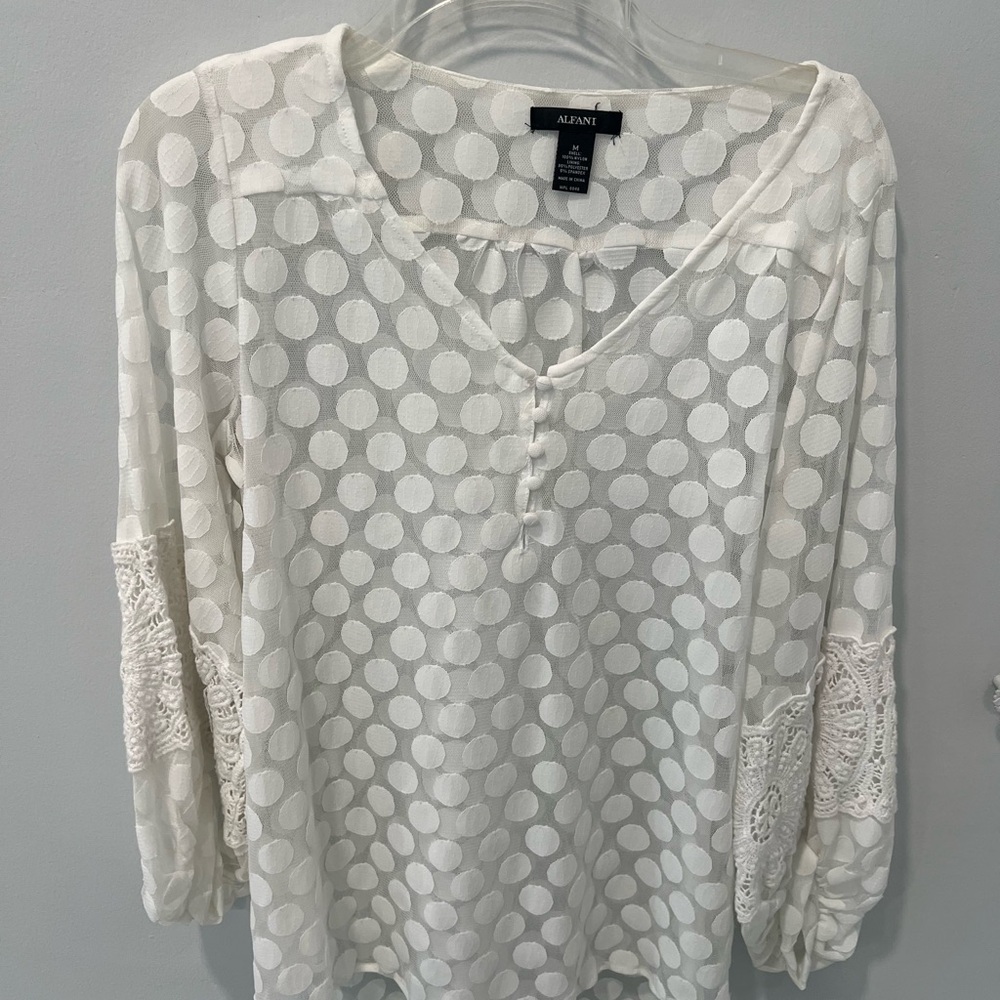 Alfani White 3/4 Sleeve Relaxed Sheer Polka Dot Blouse